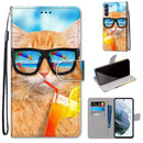 For Samsung Galaxy S21 FE Coloured Drawing Cross Texture Horizontal Flip PU Leather Case with Holder & Card Slots & Wallet & Lanyard(Cat Drinking Soda)