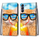 For Samsung Galaxy S21 FE Coloured Drawing Cross Texture Horizontal Flip PU Leather Case with Holder & Card Slots & Wallet & Lanyard(Cat Drinking Soda)