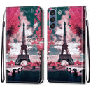For Samsung Galaxy S21 FE Coloured Drawing Cross Texture Horizontal Flip PU Leather Case with Holder & Card Slots & Wallet & Lanyard(Pink Flower Tower Bridge)