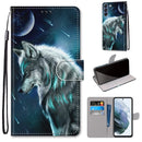 For Samsung Galaxy S21 FE Coloured Drawing Cross Texture Horizontal Flip PU Leather Case with Holder & Card Slots & Wallet & Lanyard(Pensive Wolf)