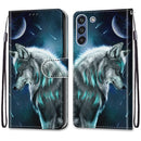 For Samsung Galaxy S21 FE Coloured Drawing Cross Texture Horizontal Flip PU Leather Case with Holder & Card Slots & Wallet & Lanyard(Pensive Wolf)