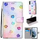 For Samsung Galaxy S21 FE Coloured Drawing Cross Texture Horizontal Flip PU Leather Case with Holder & Card Slots & Wallet & Lanyard(Footprint Water Drops)
