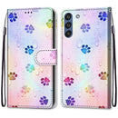 For Samsung Galaxy S21 FE Coloured Drawing Cross Texture Horizontal Flip PU Leather Case with Holder & Card Slots & Wallet & Lanyard(Footprint Water Drops)
