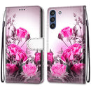 For Samsung Galaxy S21 FE Coloured Drawing Cross Texture Horizontal Flip PU Leather Case with Holder & Card Slots & Wallet & Lanyard(Wild Rose)