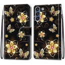 For Samsung Galaxy S21 FE Coloured Drawing Cross Texture Horizontal Flip PU Leather Case with Holder & Card Slots & Wallet & Lanyard(Gold Diamond Butterfly)