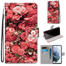 For Samsung Galaxy S21 FE Coloured Drawing Cross Texture Horizontal Flip PU Leather Case with Holder & Card Slots & Wallet & Lanyard(Pink Rose Garden)