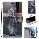 For Samsung Galaxy S21 FE Coloured Drawing Cross Texture Horizontal Flip PU Leather Case with Holder & Card Slots & Wallet & Lanyard(Cat Becomes Tiger)