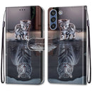 For Samsung Galaxy S21 FE Coloured Drawing Cross Texture Horizontal Flip PU Leather Case with Holder & Card Slots & Wallet & Lanyard(Cat Becomes Tiger)