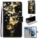 For Samsung Galaxy S21 FE Coloured Drawing Cross Texture Horizontal Flip PU Leather Case with Holder & Card Slots & Wallet & Lanyard(Golden Butterfly Group)