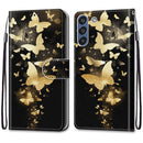 For Samsung Galaxy S21 FE Coloured Drawing Cross Texture Horizontal Flip PU Leather Case with Holder & Card Slots & Wallet & Lanyard(Golden Butterfly Group)