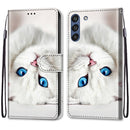 For Samsung Galaxy S21 FE Coloured Drawing Cross Texture Horizontal Flip PU Leather Case with Holder & Card Slots & Wallet & Lanyard(White Kitten)