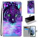 For Samsung Galaxy S21 FE Coloured Drawing Cross Texture Horizontal Flip PU Leather Case with Holder & Card Slots & Wallet & Lanyard(Tiger Drinking Water)