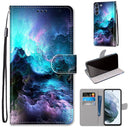 For Samsung Galaxy S21 FE Coloured Drawing Cross Texture Horizontal Flip PU Leather Case with Holder & Card Slots & Wallet & Lanyard(Colorful Clouds)