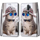 For OPPO A9 (2020) / A5 (2020) / A11X / A11 Coloured Drawing Cross Texture Horizontal Flip PU Leather Case with Holder & Card Slots & Wallet & Lanyard(Slant Hat Blue Mirror Cat)