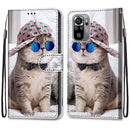 For Xiaomi Redmi Note 10 4G / Note 10S Coloured Drawing Cross Texture Horizontal Flip PU Leather Case with Holder & Card Slots & Wallet & Lanyard(Slant Hat Blue Mirror Cat)
