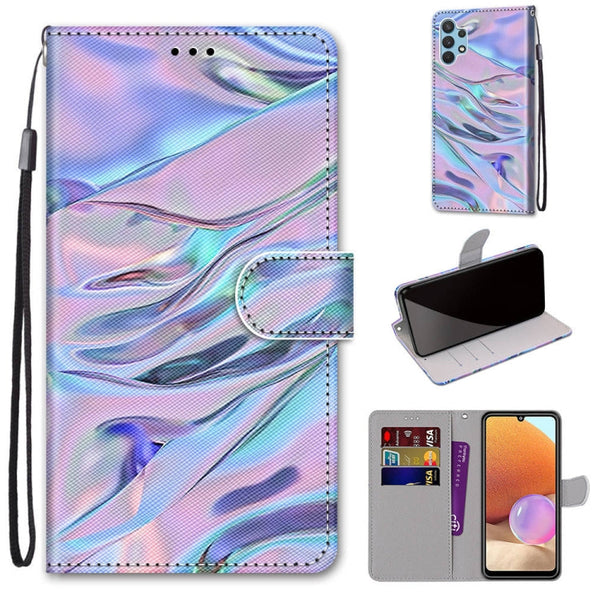 For Samsung Galaxy A32 4G / A32 Lite Coloured Drawing Cross Texture Horizontal Flip PU Leather Case with Holder & Card Slots & Wallet & Lanyard(Fluorescent Water Texture)