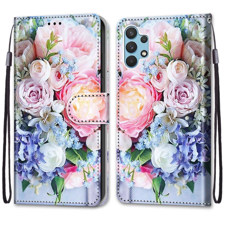 For Samsung Galaxy A32 4G / A32 Lite Coloured Drawing Cross Texture Horizontal Flip PU Leather Case with Holder & Card Slots & Wallet & Lanyard(Light Pink Bouquet)