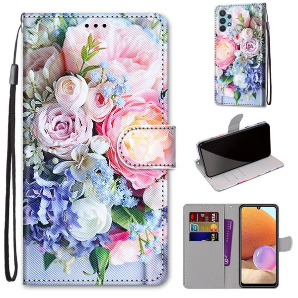For Samsung Galaxy A32 4G / A32 Lite Coloured Drawing Cross Texture Horizontal Flip PU Leather Case with Holder & Card Slots & Wallet & Lanyard(Light Pink Bouquet)