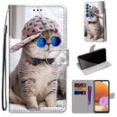 For Samsung Galaxy A32 4G / A32 Lite Coloured Drawing Cross Texture Horizontal Flip PU Leather Case with Holder & Card Slots & Wallet & Lanyard(Slant Hat Blue Mirror Cat)