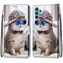 For Samsung Galaxy A32 4G / A32 Lite Coloured Drawing Cross Texture Horizontal Flip PU Leather Case with Holder & Card Slots & Wallet & Lanyard(Slant Hat Blue Mirror Cat)