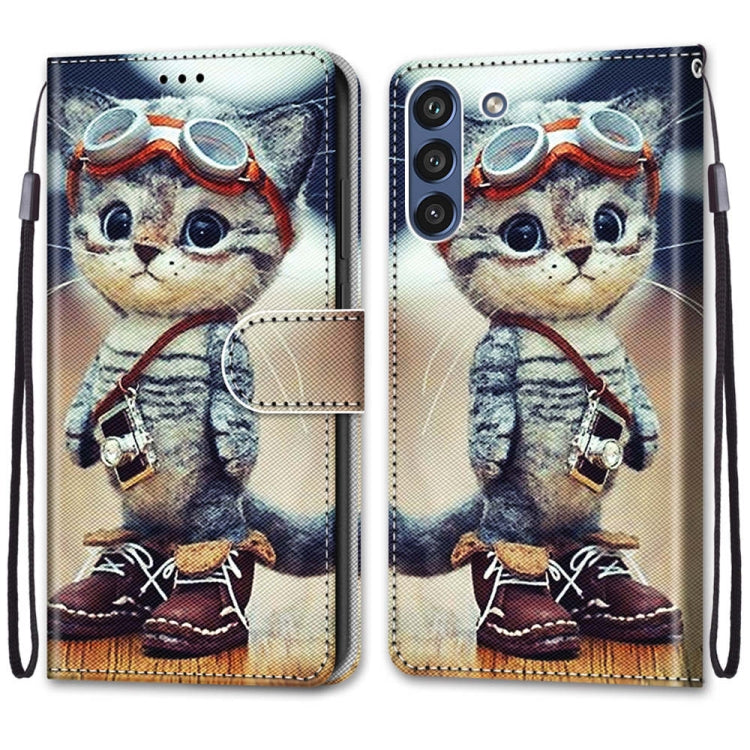 For Samsung Galaxy S21 FE Coloured Drawing Cross Texture Horizontal Flip PU Leather Case with Holder & Card Slots & Wallet & Lanyard(Leather Shoes Cat)