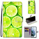 For Samsung Galaxy S21 FE Coloured Drawing Cross Texture Horizontal Flip PU Leather Case with Holder & Card Slots & Wallet & Lanyard(Green Lemon)
