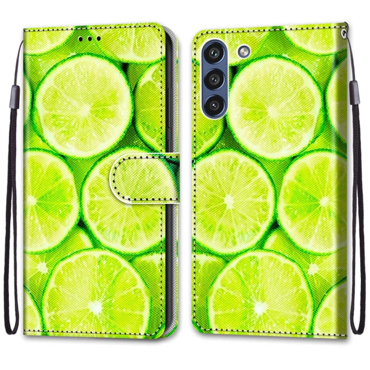 For Samsung Galaxy S21 FE Coloured Drawing Cross Texture Horizontal Flip PU Leather Case with Holder & Card Slots & Wallet & Lanyard(Green Lemon)