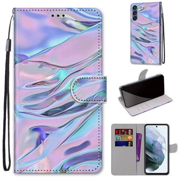 For Samsung Galaxy S21 FE Coloured Drawing Cross Texture Horizontal Flip PU Leather Case with Holder & Card Slots & Wallet & Lanyard(Fluorescent Water Texture)