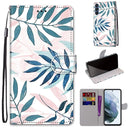 For Samsung Galaxy S21 FE Coloured Drawing Cross Texture Horizontal Flip PU Leather Case with Holder & Card Slots & Wallet & Lanyard(Pink Green Leaf)