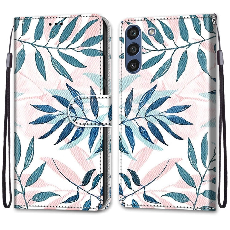 For Samsung Galaxy S21 FE Coloured Drawing Cross Texture Horizontal Flip PU Leather Case with Holder & Card Slots & Wallet & Lanyard(Pink Green Leaf)
