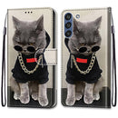 For Samsung Galaxy S21 FE Coloured Drawing Cross Texture Horizontal Flip PU Leather Case with Holder & Card Slots & Wallet & Lanyard(Golden Chain Grey Cat)