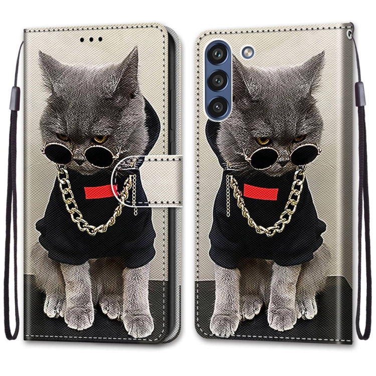 For Samsung Galaxy S21 FE Coloured Drawing Cross Texture Horizontal Flip PU Leather Case with Holder & Card Slots & Wallet & Lanyard(Golden Chain Grey Cat)