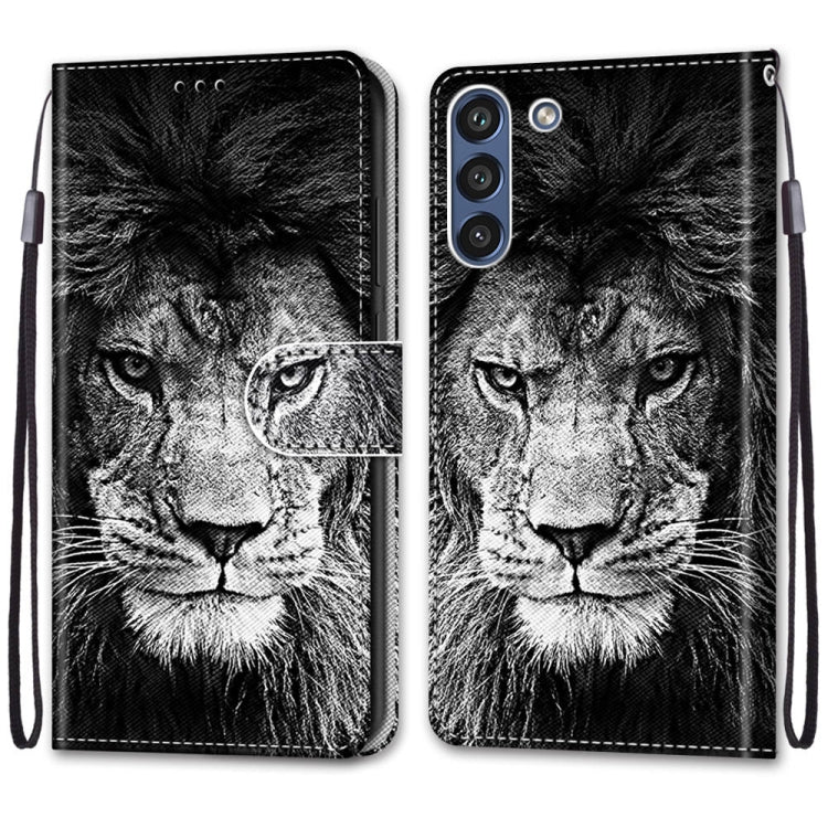 For Samsung Galaxy S21 FE Coloured Drawing Cross Texture Horizontal Flip PU Leather Case with Holder & Card Slots & Wallet & Lanyard(Black White Lion Head)
