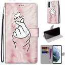 For Samsung Galaxy S21 FE Coloured Drawing Cross Texture Horizontal Flip PU Leather Case with Holder & Card Slots & Wallet & Lanyard(Pink Hands Heart)