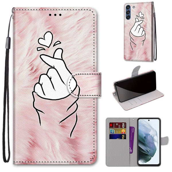 For Samsung Galaxy S21 FE Coloured Drawing Cross Texture Horizontal Flip PU Leather Case with Holder & Card Slots & Wallet & Lanyard(Pink Hands Heart)