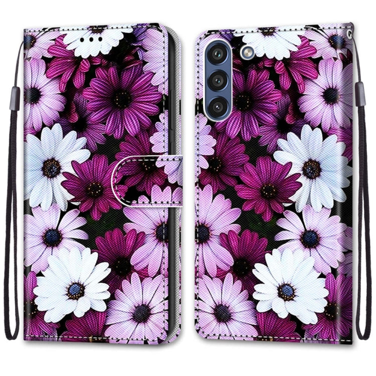 For Samsung Galaxy S21 FE Coloured Drawing Cross Texture Horizontal Flip PU Leather Case with Holder & Card Slots & Wallet & Lanyard(Chrysanthemum Pink White Purple)