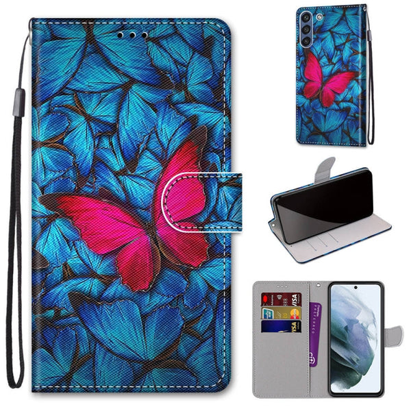For Samsung Galaxy S21 FE Coloured Drawing Cross Texture Horizontal Flip PU Leather Case with Holder & Card Slots & Wallet & Lanyard(Blue Red Butterfly)