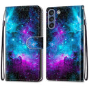 For Samsung Galaxy S21 FE Coloured Drawing Cross Texture Horizontal Flip PU Leather Case with Holder & Card Slots & Wallet & Lanyard(Purple Green Starry Sky)