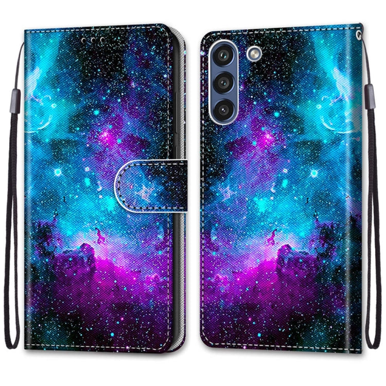 For Samsung Galaxy S21 FE Coloured Drawing Cross Texture Horizontal Flip PU Leather Case with Holder & Card Slots & Wallet & Lanyard(Purple Green Starry Sky)
