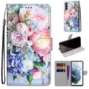 For Samsung Galaxy S21 FE Coloured Drawing Cross Texture Horizontal Flip PU Leather Case with Holder & Card Slots & Wallet & Lanyard(Light Pink Bouquet)