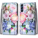 For Samsung Galaxy S21 FE Coloured Drawing Cross Texture Horizontal Flip PU Leather Case with Holder & Card Slots & Wallet & Lanyard(Light Pink Bouquet)