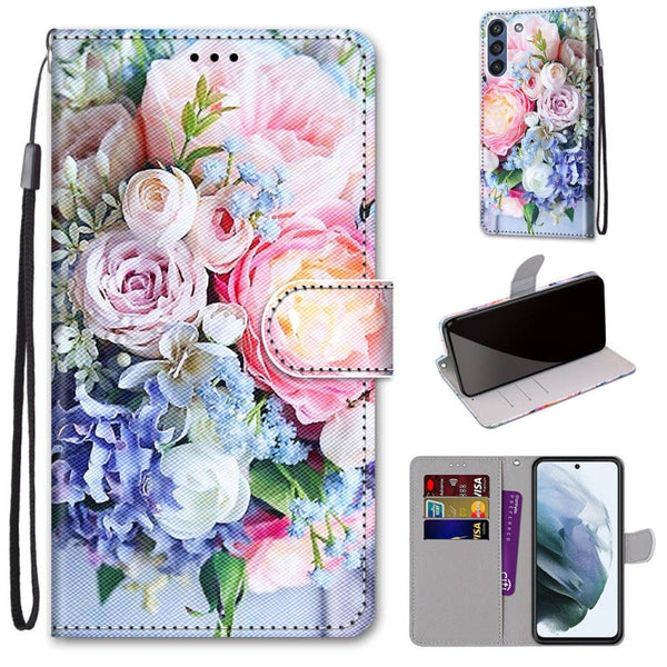 For Samsung Galaxy S21 FE Coloured Drawing Cross Texture Horizontal Flip PU Leather Case with Holder & Card Slots & Wallet & Lanyard(Light Pink Bouquet)