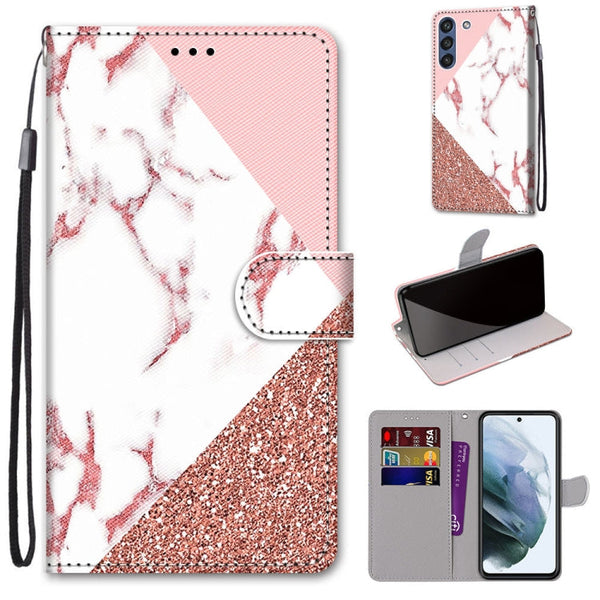 For Samsung Galaxy S21 FE Coloured Drawing Cross Texture Horizontal Flip PU Leather Case with Holder & Card Slots & Wallet & Lanyard(Pink Stone Texture)