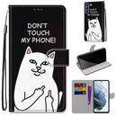 For Samsung Galaxy S21 FE Coloured Drawing Cross Texture Horizontal Flip PU Leather Case with Holder & Card Slots & Wallet & Lanyard(Middle Finger White Cat)