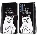 For Samsung Galaxy S21 FE Coloured Drawing Cross Texture Horizontal Flip PU Leather Case with Holder & Card Slots & Wallet & Lanyard(Middle Finger White Cat)