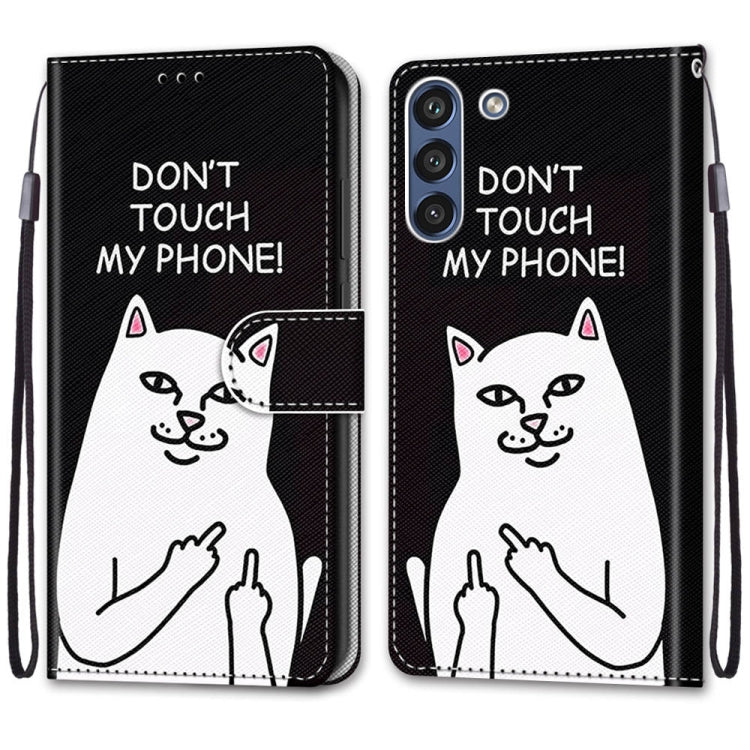 For Samsung Galaxy S21 FE Coloured Drawing Cross Texture Horizontal Flip PU Leather Case with Holder & Card Slots & Wallet & Lanyard(Middle Finger White Cat)