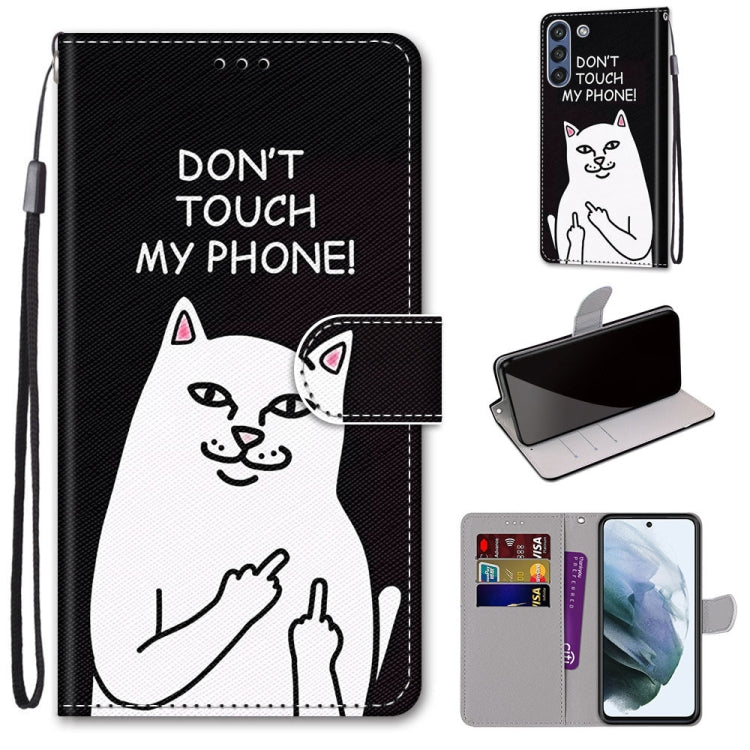 For Samsung Galaxy S21 FE Coloured Drawing Cross Texture Horizontal Flip PU Leather Case with Holder & Card Slots & Wallet & Lanyard(Middle Finger White Cat)