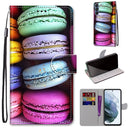 For Samsung Galaxy S21 FE Coloured Drawing Cross Texture Horizontal Flip PU Leather Case with Holder & Card Slots & Wallet & Lanyard(Colorful Cakes)