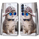 For Samsung Galaxy S21 FE Coloured Drawing Cross Texture Horizontal Flip PU Leather Case with Holder & Card Slots & Wallet & Lanyard(Slant Hat Blue Mirror Cat)