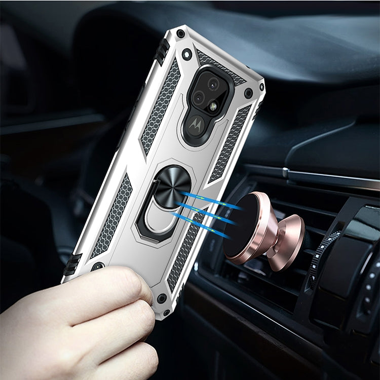 For Motorola Moto E7 Shockproof TPU + PC Protective Case with 360 Degree Rotating Holder(Silver)